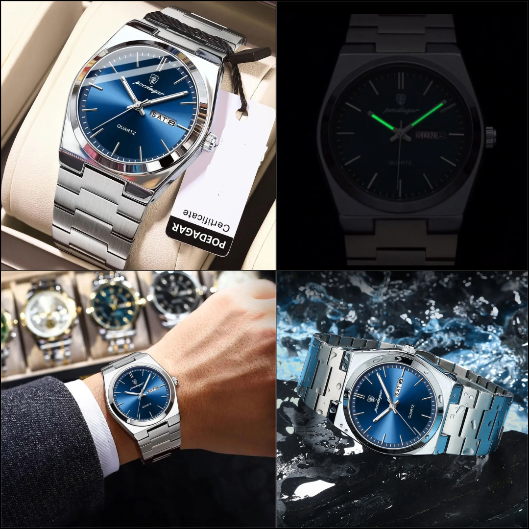 Montre de Luxe pour Hommes - Étanche, Lumineuse avec Date et Semaine, Bracelet en Acier Inoxydable