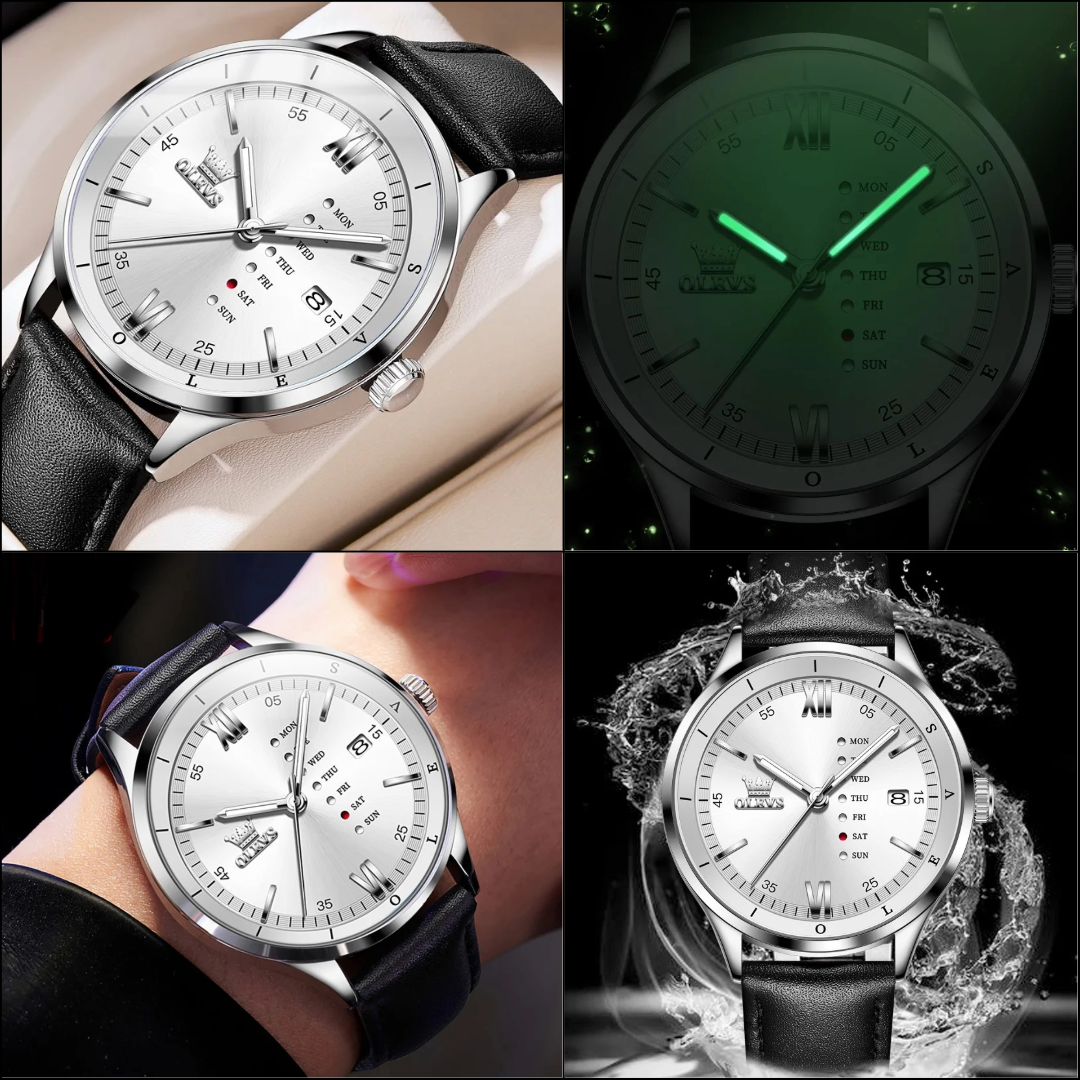 Montre Habillée OLEVS 2931 pour Hommes - Écran Semaine, Étanche, Lumineuse avec Bracelet en Cuir