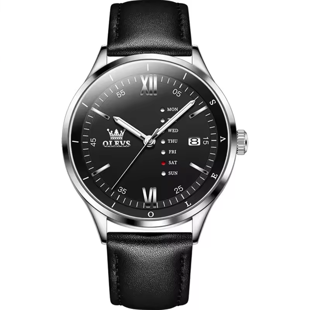 Montre Habillée OLEVS 2931 pour Hommes - Noire - Écran Semaine, Étanche, Lumineuse avec Bracelet en Cuir