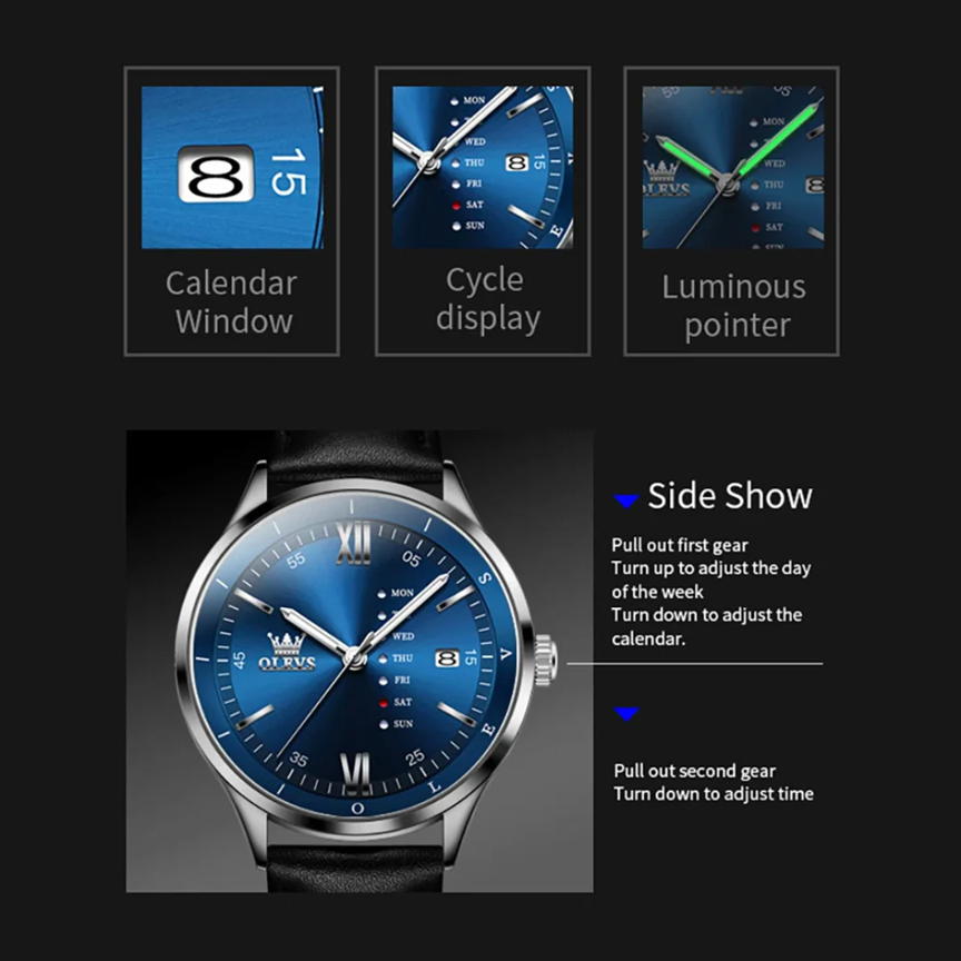 Montre Habillée OLEVS 2931 pour Hommes - Bleue - Écran Semaine, Étanche, Lumineuse avec Bracelet en Cuir