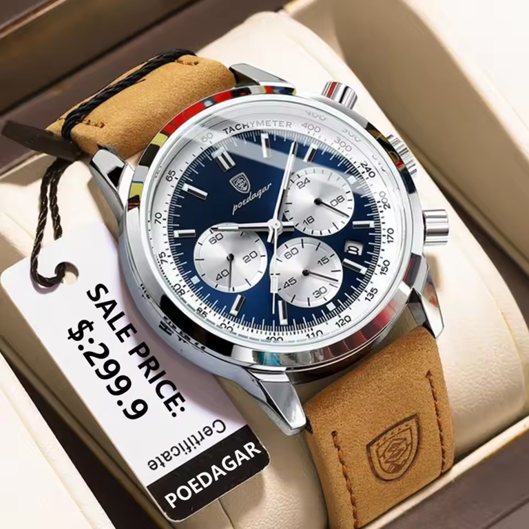 Montre Chronographe Homme POEDAGAR – Étanche, Lumineuse, Quartz, Bracelet en Cuir