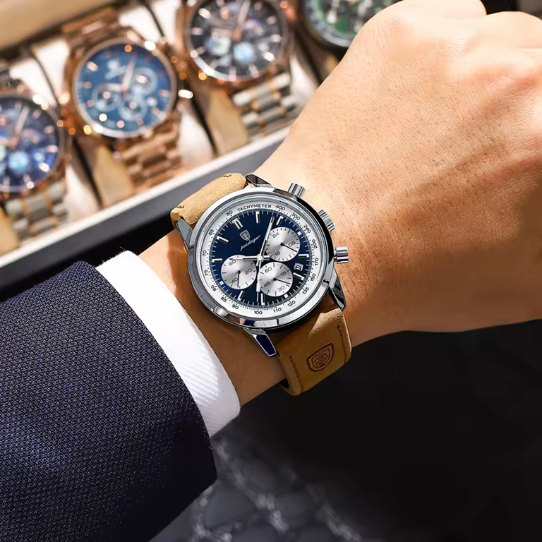 Montre Chronographe Homme POEDAGAR – Étanche, Lumineuse, Quartz, Bracelet en Cuir