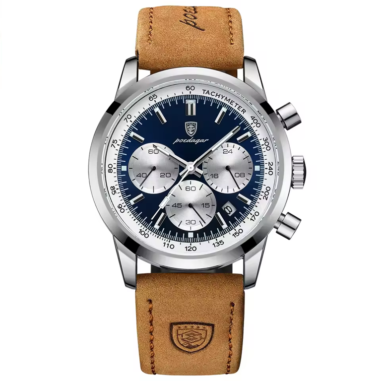 Montre Chronographe Homme POEDAGAR – Étanche, Lumineuse, Quartz, Bracelet en Cuir