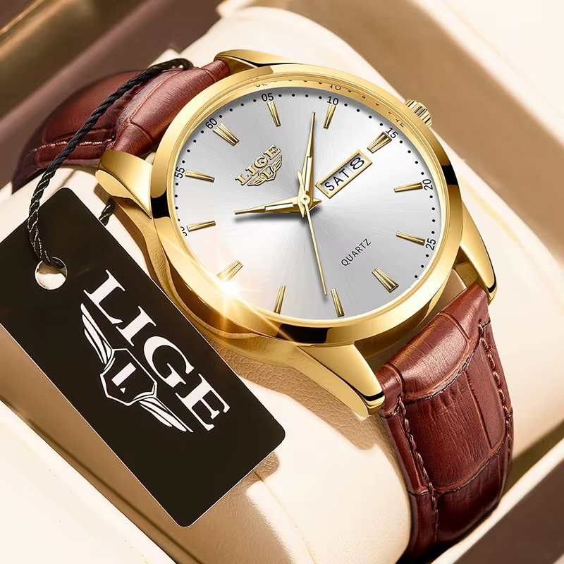 Montre habillée LIGE 8970 Homme – Bracelet en Cuir, Étanche, Affichage du Calendrier