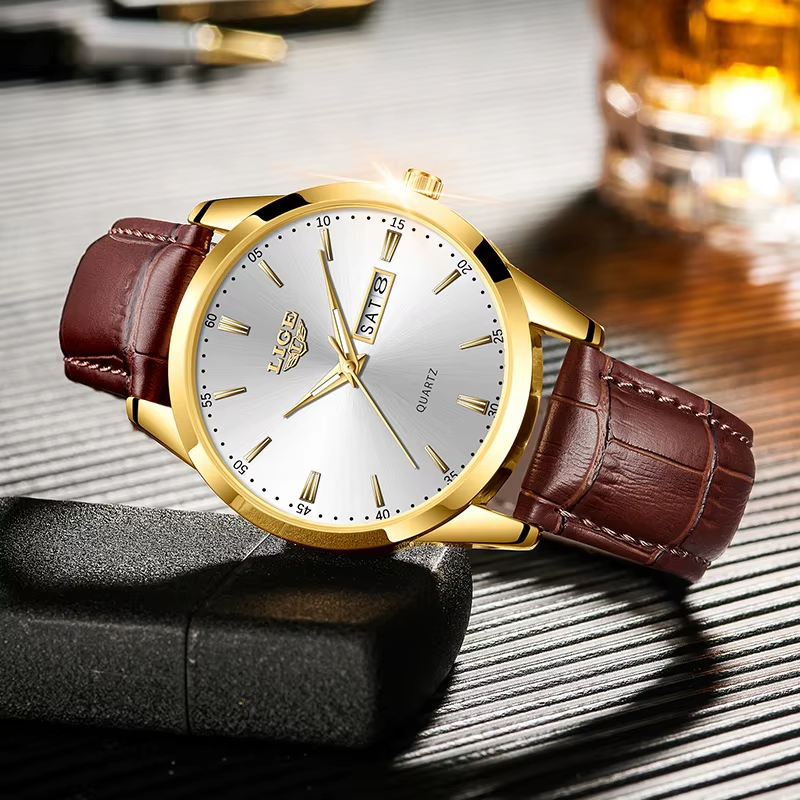 Montre habillée LIGE 8970 Homme – Bracelet en Cuir, Étanche, Affichage du Calendrier