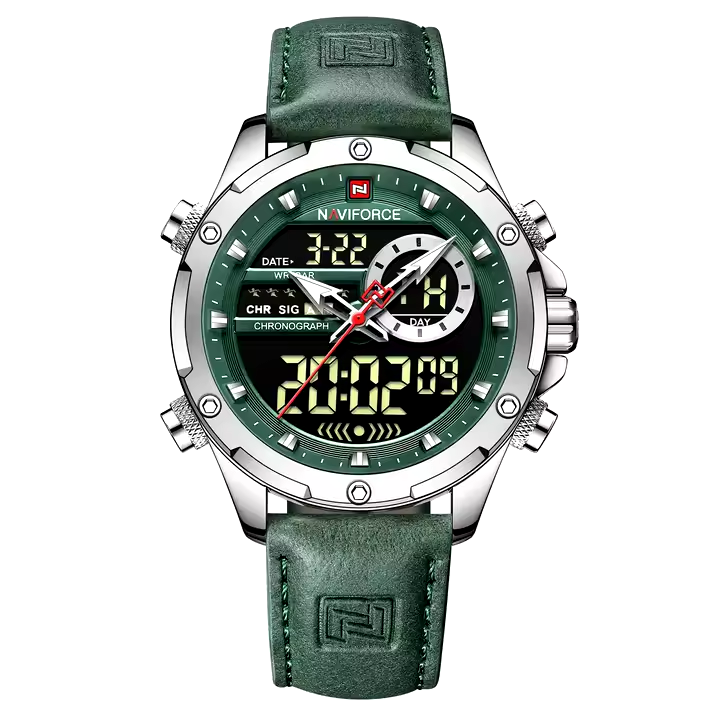 Montre militaire sportive pour homme - Étanche, Multifonction, Chronographe avec bracelet en cuir vert militaire
