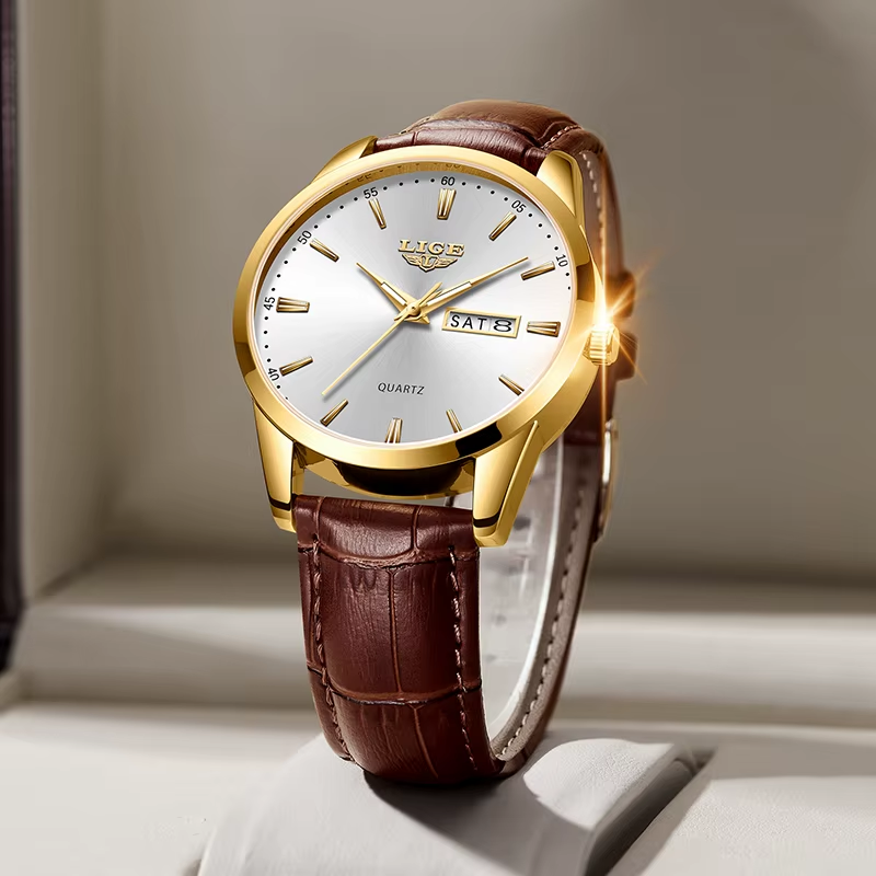 Montre habillée LIGE 8970 Homme – Bracelet en Cuir, Étanche, Affichage du Calendrier