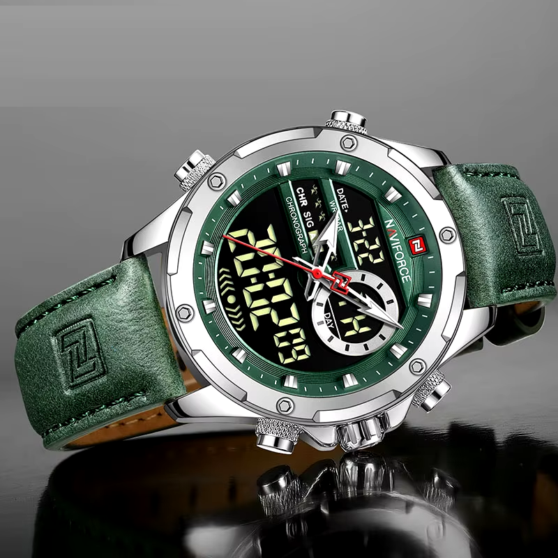 Montre militaire sportive pour homme - Étanche, Multifonction, Chronographe avec bracelet en cuir vert militaire