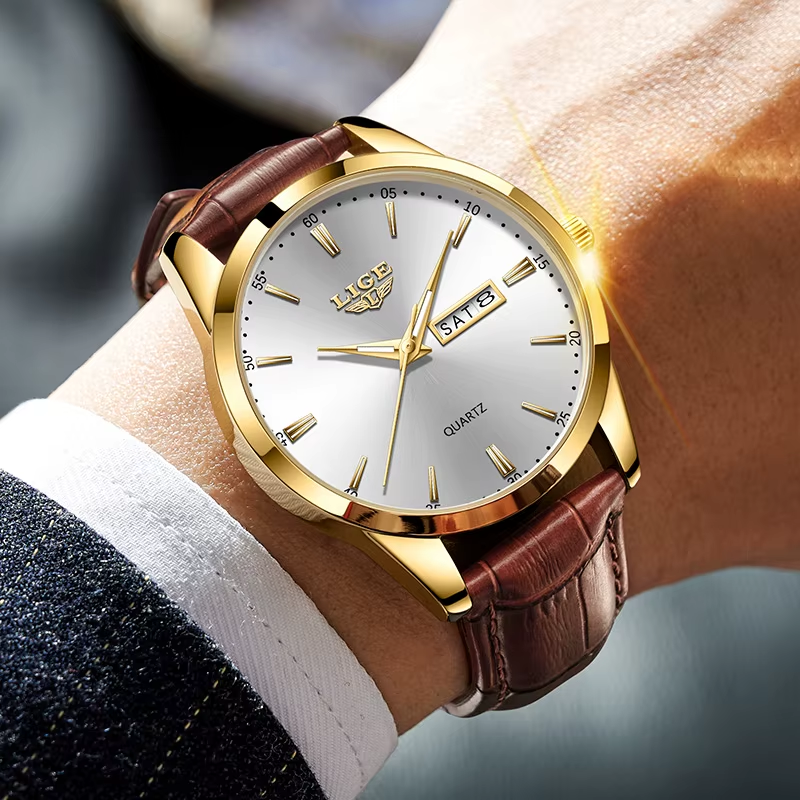 Montre habillée LIGE 8970 Homme – Bracelet en Cuir, Étanche, Affichage du Calendrier