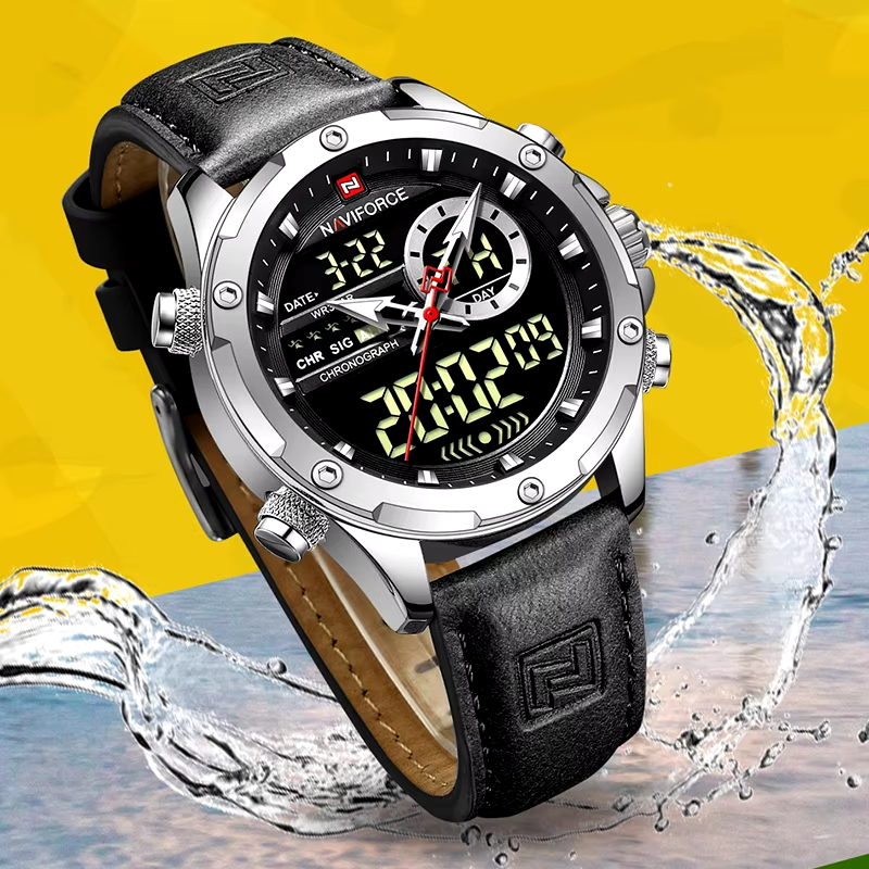 Montre militaire sportive pour homme - Étanche, Multifonction, Chronographe avec bracelet en cuir vert militaire