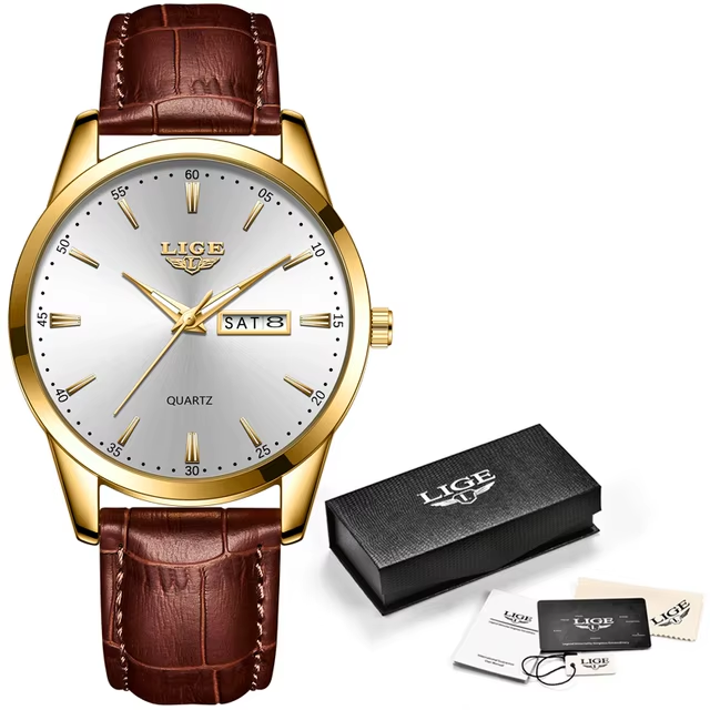 Montre habillée LIGE 8970 Homme – Bracelet en Cuir, Étanche, Affichage du Calendrier
