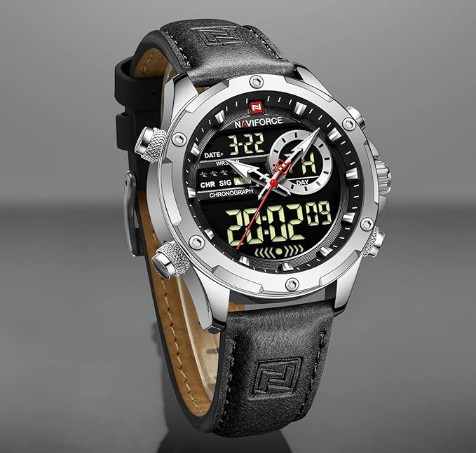 Montre militaire sportive pour homme - Étanche, Multifonction, Chronographe avec bracelet en cuir vert militaire