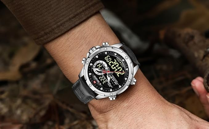 Montre militaire sportive pour homme - Étanche, Multifonction, Chronographe avec bracelet en cuir vert militaire