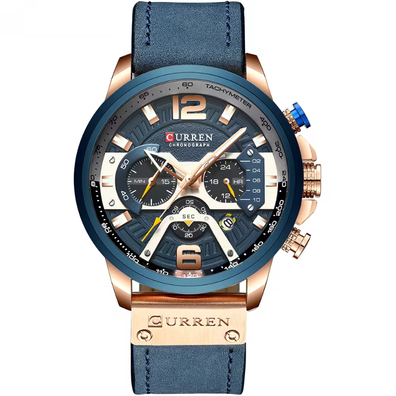 Montre de Sport Décontractée pour Homme - Chronographe Bleu Militaire en Cuir