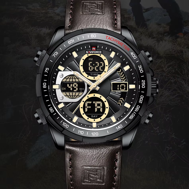 Montre Style Militaire Sport Naviforce pour Homme – Bracelet Marron en Cuir