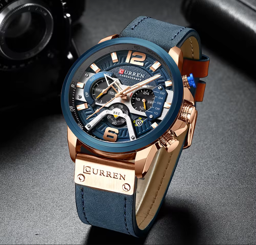 Montre de Sport Décontractée pour Homme - Chronographe Bleu Militaire en Cuir