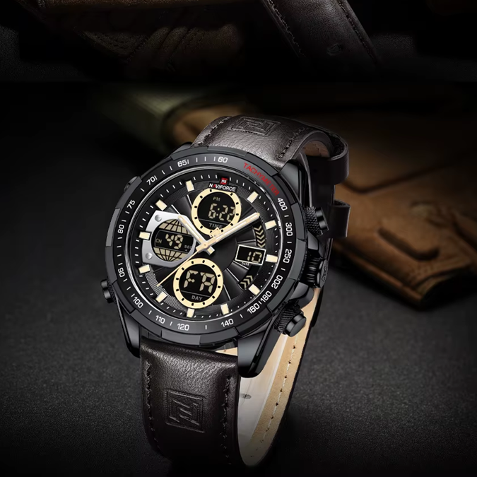Montre Style Militaire Sport Naviforce pour Homme – Bracelet Marron en Cuir