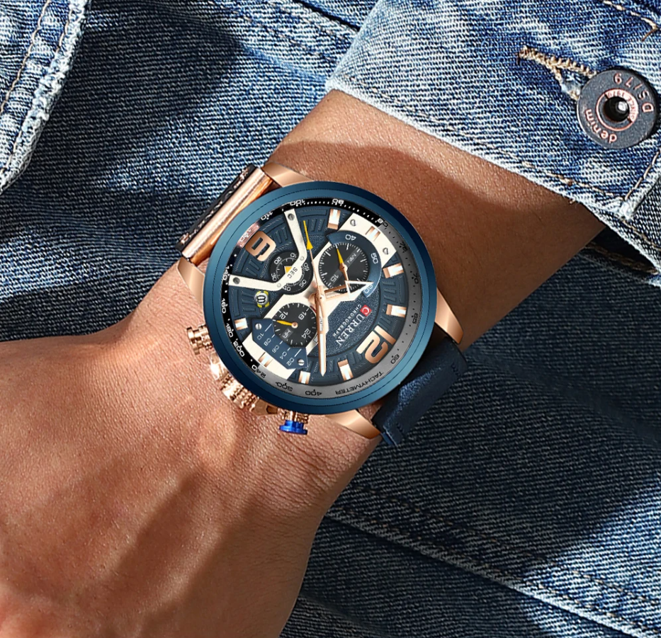 Montre de Sport Décontractée pour Homme - Chronographe Bleu Militaire en Cuir