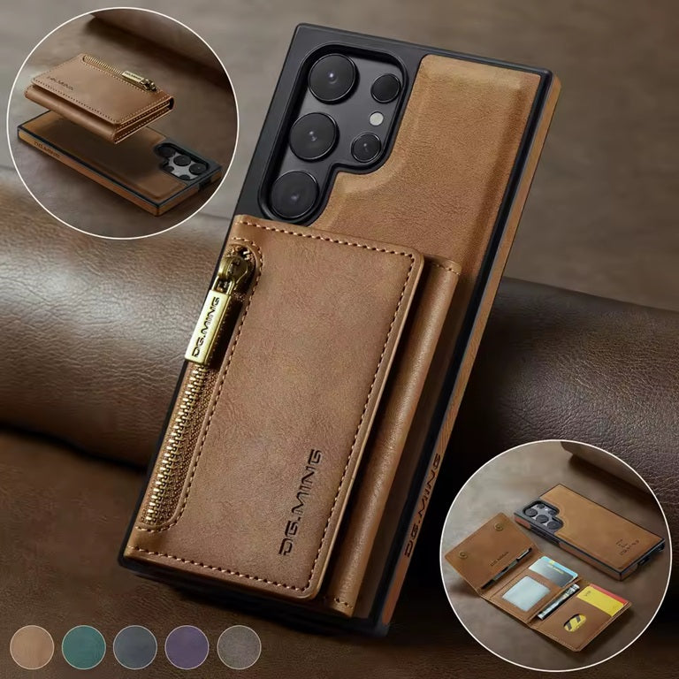 Étui Portefeuille Détachable Marron en Cuir Rétro pour Samsung Galaxy S26/25/24/23/22/21 Ultra avec Fonction Magnétique