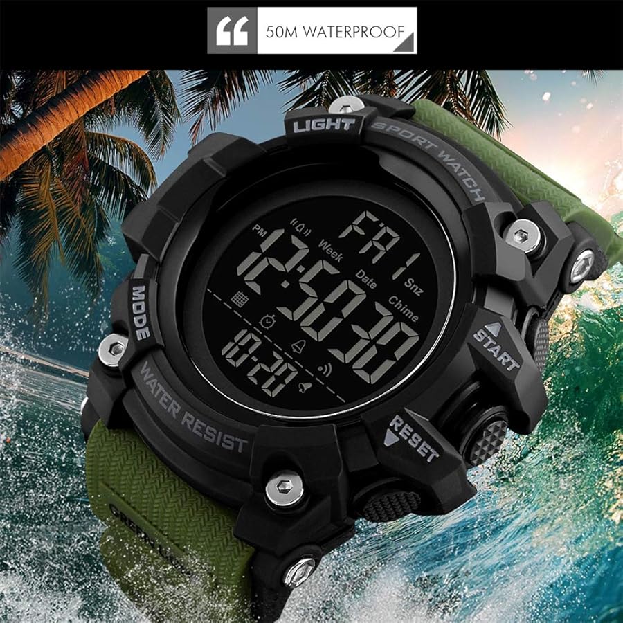 TONSHEN Montre de Sport Digitale Multifonction pour Homme - Boîtier Large, Bracelet en Caoutchouc, Étanche, LED, Chronomètre, Alarme