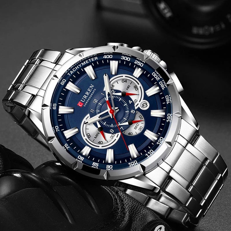 Montre Chronographe Sport CURREN 8363 pour Hommes - Bracelet en Acier Inoxydable, Cadran Large, Quartz, Pointeurs Lumineux