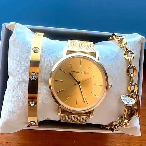 Coffret Luxe Femme – Montre Hannah Martin & 2 Bracelets Plaqué Or Rose en Acier Inoxydable
