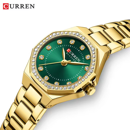 CURREN 9100 – Montre Femme Élégante Acier Or & Vert, Mode Luxe
