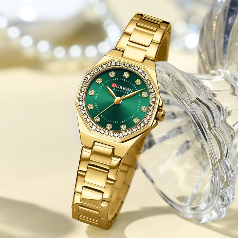 CURREN 9100 – Montre Femme Élégante Acier Or & Vert, Mode Luxe