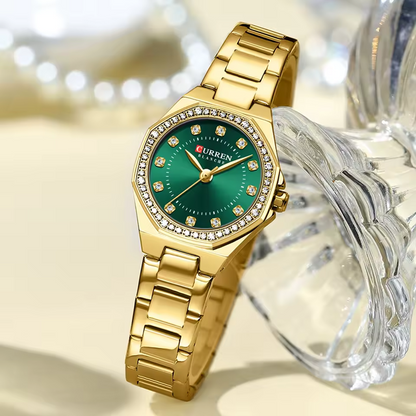 CURREN 9100 – Montre Femme Élégante Acier Or & Vert, Mode Luxe