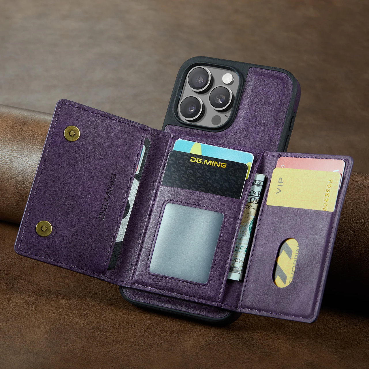 Pochette Portefeuille Détachable en Cuir Rétro Violet pour iPhone 17/16/15/14/13/12/ Pro Max avec Fonction Magnétique et Charge Sans Fil