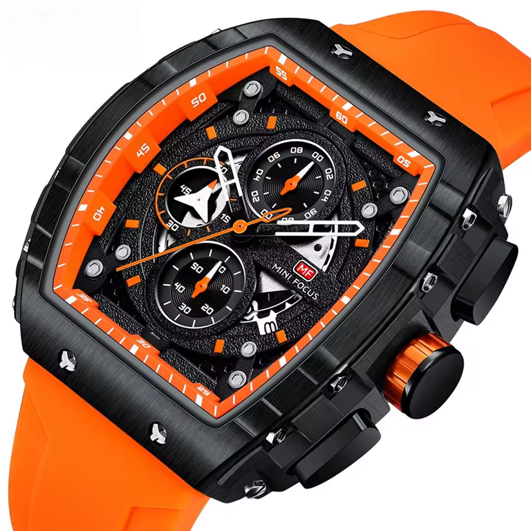 Montre Chronographe Sportive pour Hommes MINI FOCUS - Design Avant-Gardiste avec Bracelet en Silicone Orange - Mali