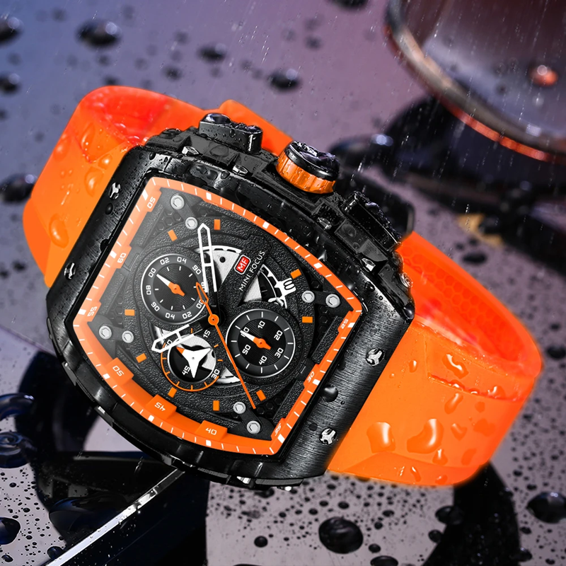 Montre Chronographe Sportive pour Hommes MINI FOCUS - Design Avant-Gardiste avec Bracelet en Silicone Orange - Mali