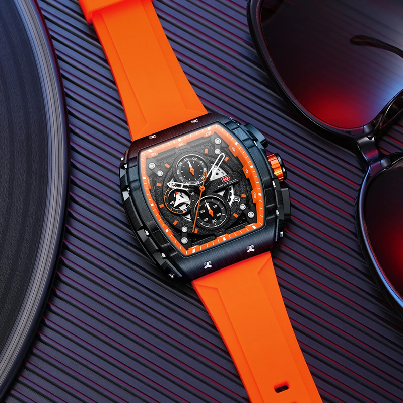 Montre Chronographe Sportive pour Hommes MINI FOCUS - Design Avant-Gardiste avec Bracelet en Silicone Orange - Mali