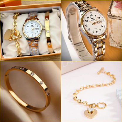 Ensemble de Luxe OLEVS : Montre Femme et 2 Bracelets en Acier Inoxydable Plaqué Or 18K