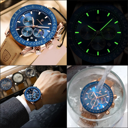Montre de Sport POEDAGAR pour Hommes - Chronographe Étanche en Cuir avec Mouvement Quartz Japonais