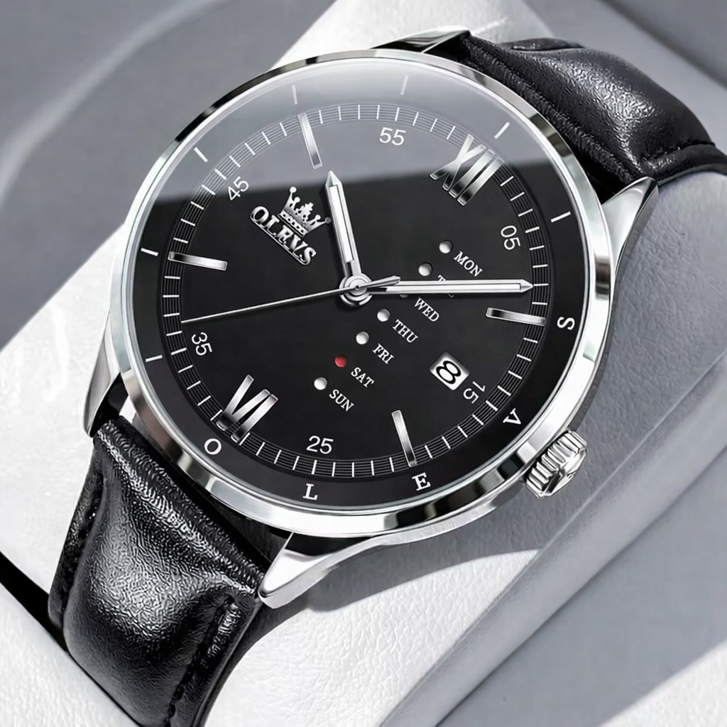 Montre Habillée OLEVS 2931 pour Hommes - Noire - Écran Semaine, Étanche, Lumineuse avec Bracelet en Cuir
