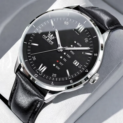 Montre Habillée OLEVS 2931 pour Hommes - Noire - Écran Semaine, Étanche, Lumineuse avec Bracelet en Cuir