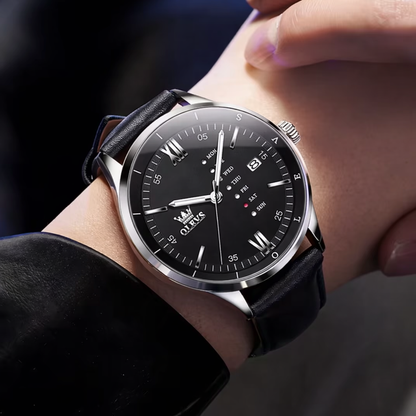 Montre Habillée OLEVS 2931 pour Hommes - Noire - Écran Semaine, Étanche, Lumineuse avec Bracelet en Cuir