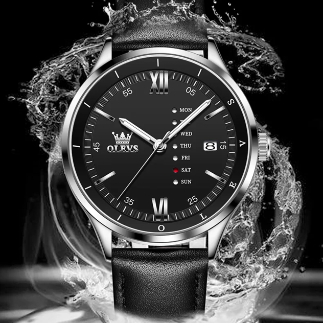 Montre Habillée OLEVS 2931 pour Hommes - Noire - Écran Semaine, Étanche, Lumineuse avec Bracelet en Cuir