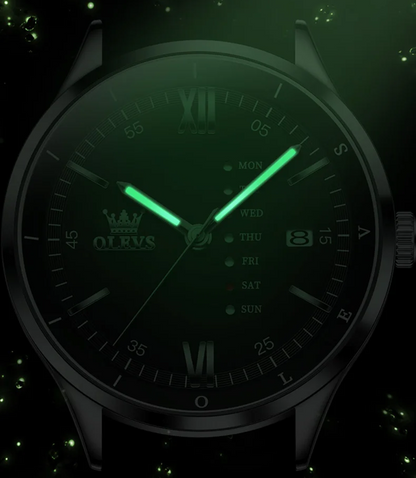 Montre Habillée OLEVS 2931 pour Hommes - Noire - Écran Semaine, Étanche, Lumineuse avec Bracelet en Cuir
