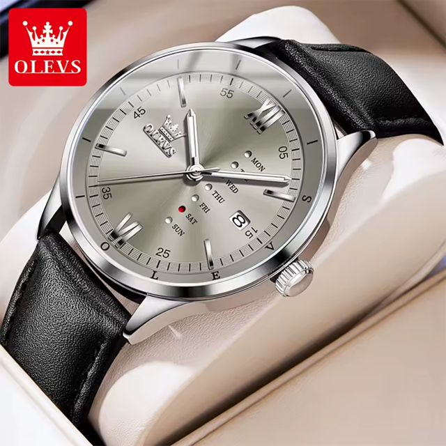 Montre Habillée OLEVS 2931 pour Hommes - Gris - Écran Semaine, Étanche, Lumineuse avec Bracelet en Cuir