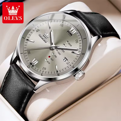 Montre Habillée OLEVS 2931 pour Hommes - Gris - Écran Semaine, Étanche, Lumineuse avec Bracelet en Cuir