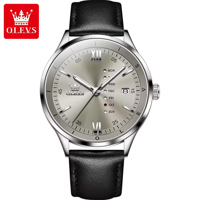 Montre Habillée OLEVS 2931 pour Hommes - Gris - Écran Semaine, Étanche, Lumineuse avec Bracelet en Cuir