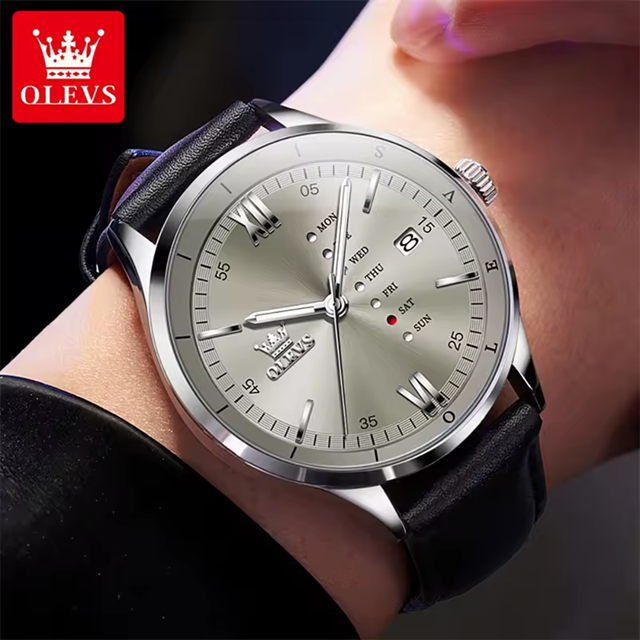 Montre Habillée OLEVS 2931 pour Hommes - Gris - Écran Semaine, Étanche, Lumineuse avec Bracelet en Cuir