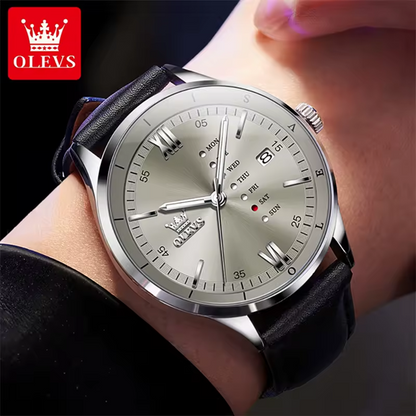 Montre Habillée OLEVS 2931 pour Hommes - Gris - Écran Semaine, Étanche, Lumineuse avec Bracelet en Cuir