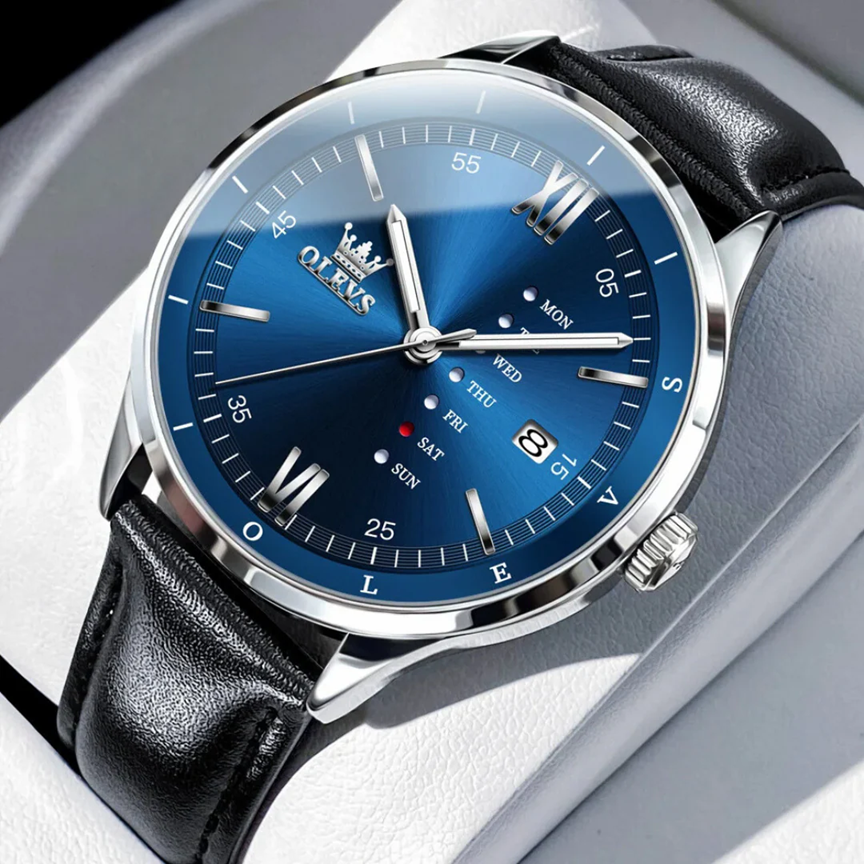 Montre Habillée OLEVS 2931 pour Hommes - Bleue - Écran Semaine, Étanche, Lumineuse avec Bracelet en Cuir