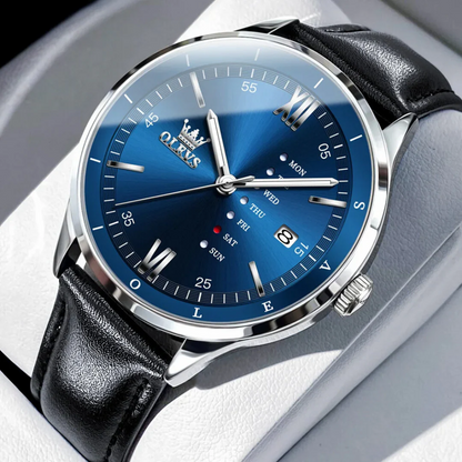 Montre Habillée OLEVS 2931 pour Hommes - Bleue - Écran Semaine, Étanche, Lumineuse avec Bracelet en Cuir