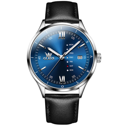Montre Habillée OLEVS 2931 pour Hommes - Bleue - Écran Semaine, Étanche, Lumineuse avec Bracelet en Cuir