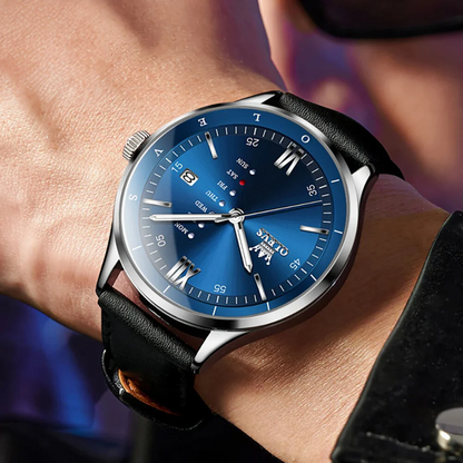 Montre Habillée OLEVS 2931 pour Hommes - Bleue - Écran Semaine, Étanche, Lumineuse avec Bracelet en Cuir
