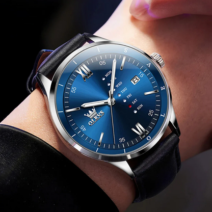 Montre Habillée OLEVS 2931 pour Hommes - Bleue - Écran Semaine, Étanche, Lumineuse avec Bracelet en Cuir